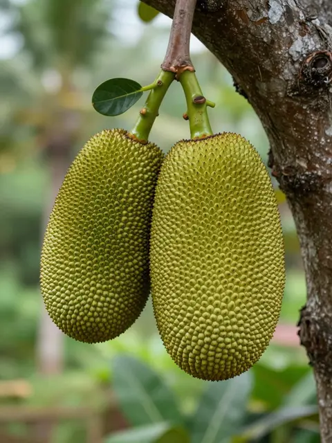 Two unripe jackfruits hang side by side from a jackfruit tree branch in a tropical garden