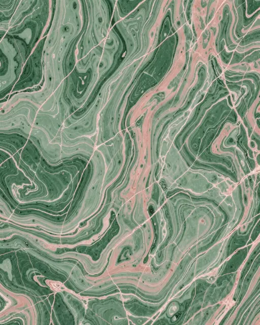 Full frame abstract marbled pattern of jade green and soft blush with fine intersecting veins