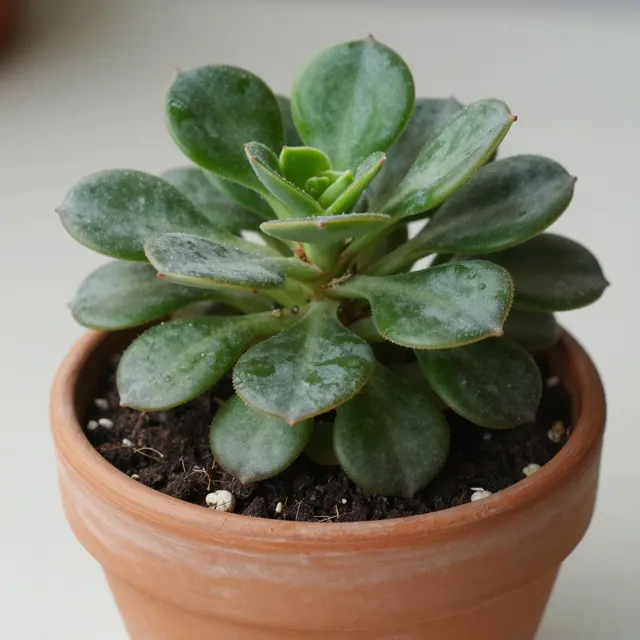 A succulent jade plant with thick rounded leaves grows in a small terracotta pot with potting soil.
