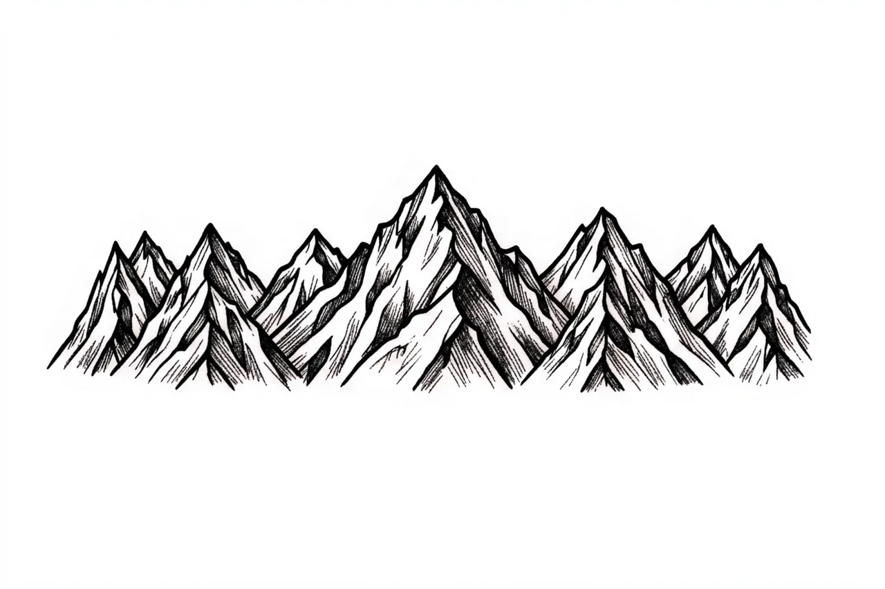 Black ink hand-drawn jagged mountain range band on a plain white background