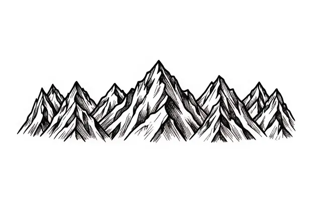 Black ink hand-drawn jagged mountain range band on a plain white background