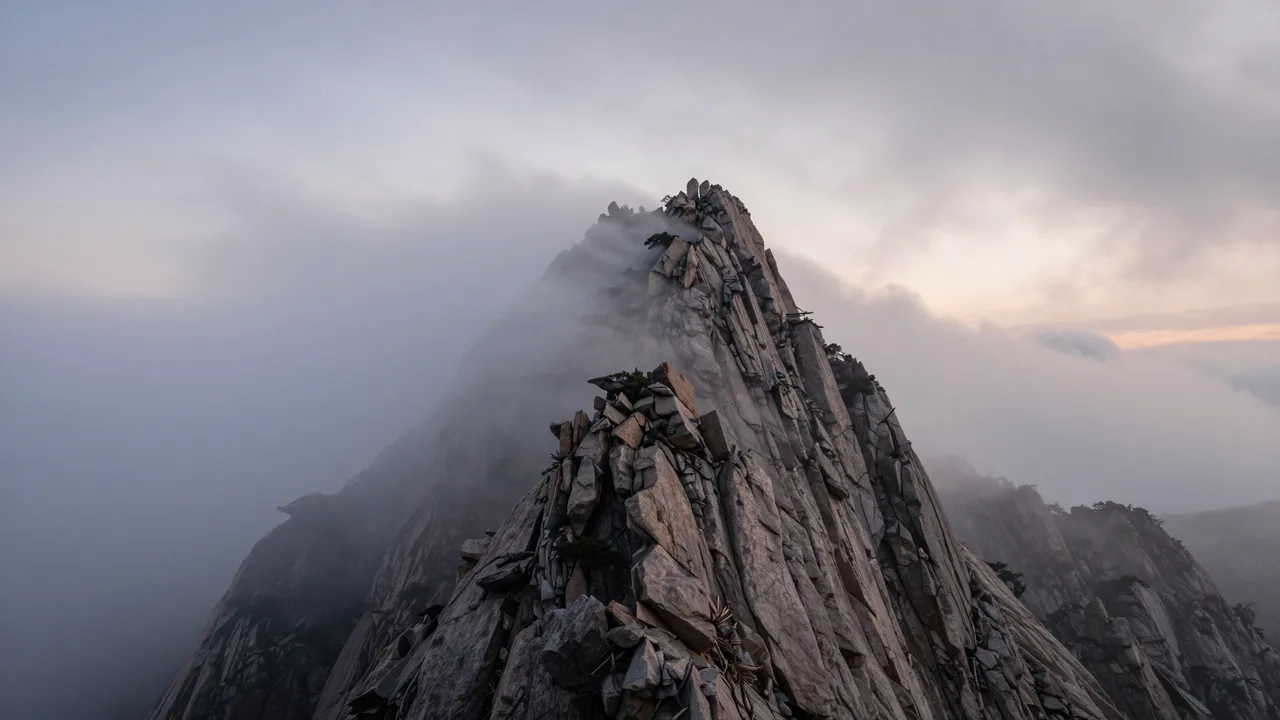 A sharp rocky mountain peak is shrouded in streaming soft cloud and mist at pale dusk