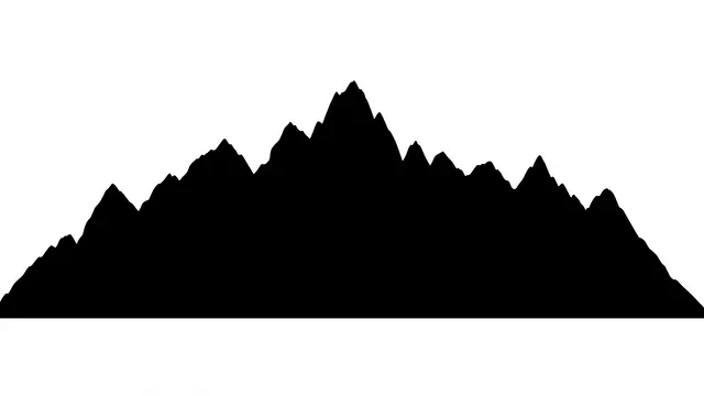 Solid black jagged mountain range silhouette set against a plain white background