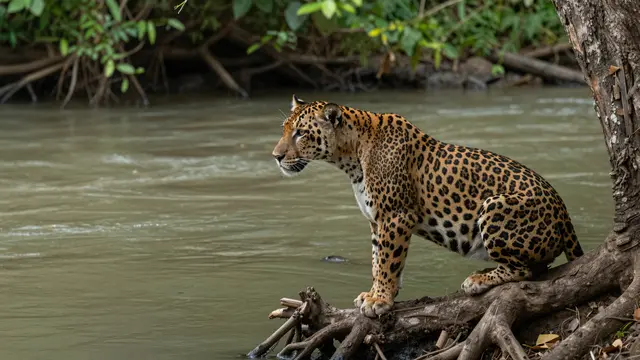 A crouched jaguar rests on exposed tree roots at the edge of a slow, muddy jungle river, staring intently across the water.