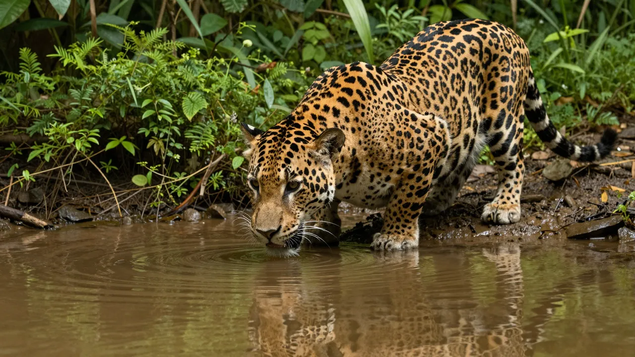 A jaguar leans down to drink from a muddy jungle stream, its reflection visible in the rippled water