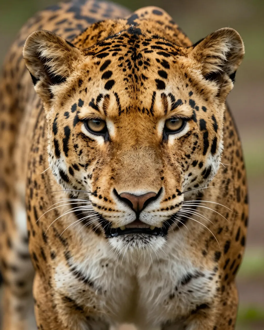 A close-up front-facing portrait of a jaguar with golden fur and black rosettes looking directly at the viewer.