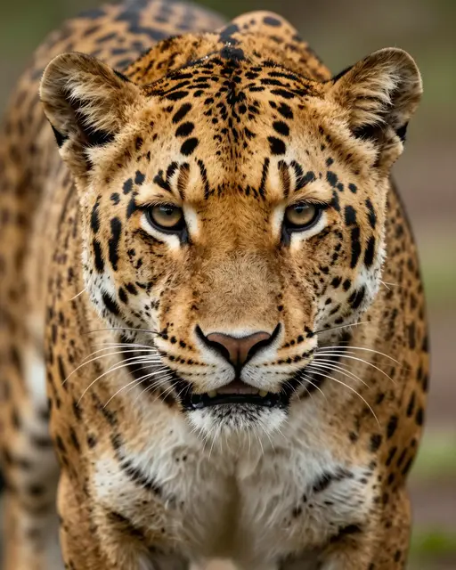 A close-up front-facing portrait of a jaguar with golden fur and black rosettes looking directly at the viewer.
