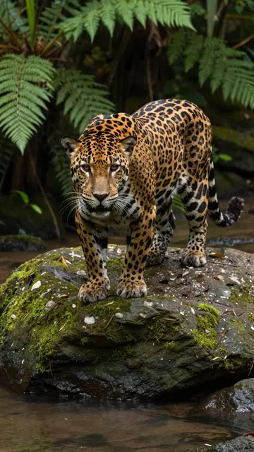 A jaguar stands alert on a moss covered rock in a jungle stream surrounded by ferns.