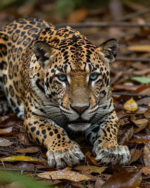 A jaguar with pale blue-gray eyes lies still among dry fallen leaves on the rainforest floor.