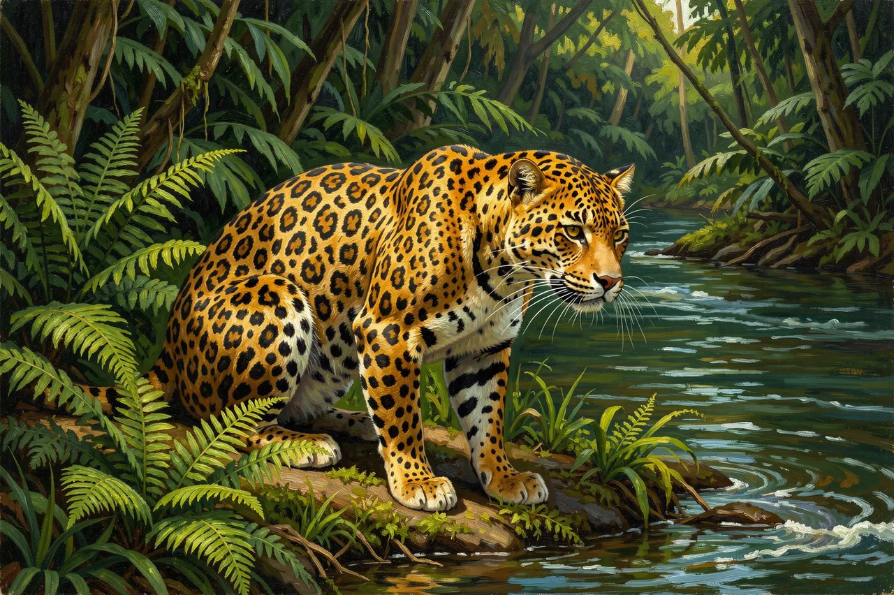 Oil painting of a golden spotted jaguar crouched on a rainforest riverbank surrounded by ferns beside flowing water.