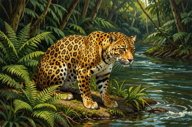 Oil painting of a golden spotted jaguar crouched on a rainforest riverbank surrounded by ferns beside flowing water.