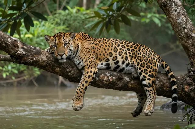 A jaguar rests lazily on a thick tree branch hanging over a hazy jungle river.