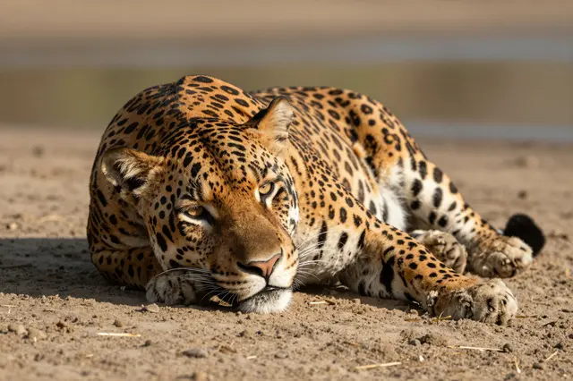 A jaguar lies relaxed on a sandy riverbank, bathed in warm afternoon sunlight.