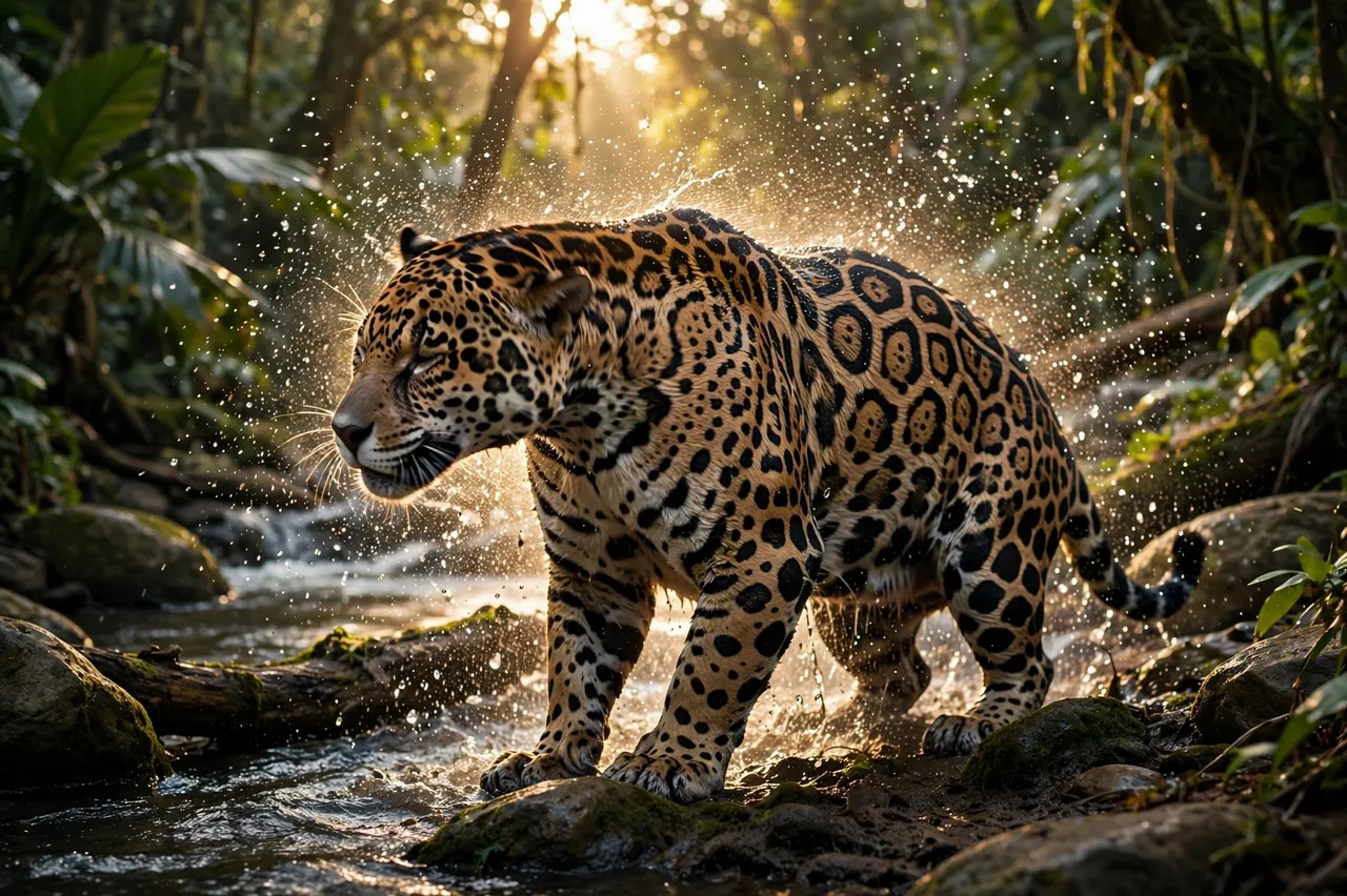 A jaguar shakes water from its fur while standing on a jungle riverbank in golden backlight