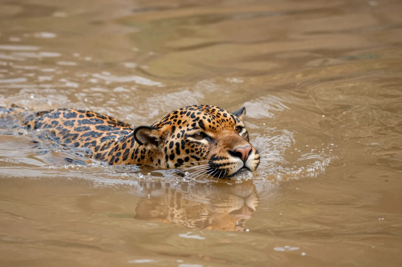 A jaguar swims through murky brown river water with only its head and upper shoulders above the surface