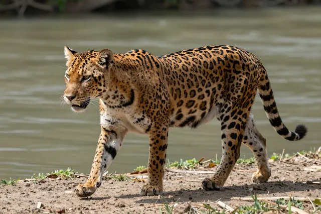 A jaguar walks slowly across a dirt riverbank next to calm muddy river water