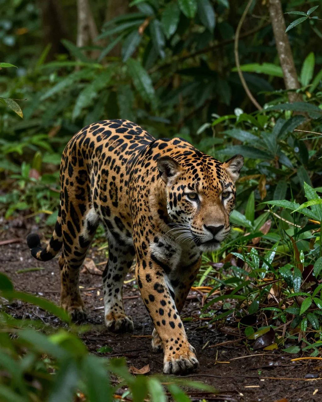 A stocky jaguar walks forward along a dirt path through dense damp rainforest undergrowth.