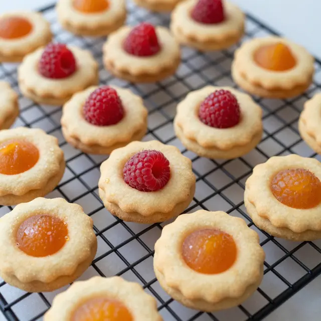 Assorted raspberry and apricot jam thumbprint cookies arranged on a black wire cooling rack
