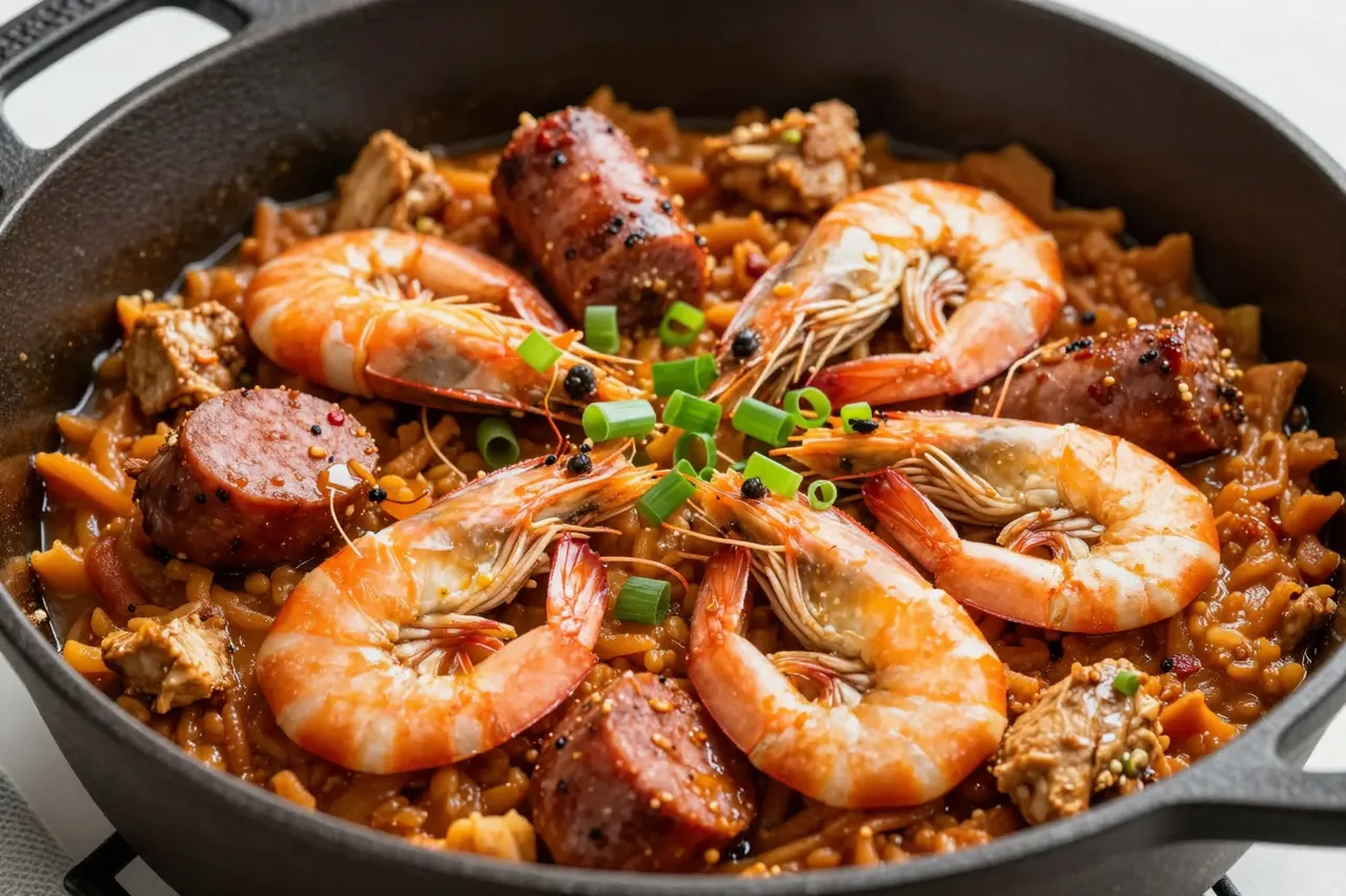 Savory jambalaya with shrimp, sausage, chicken and green onion garnish served in a cast iron pot