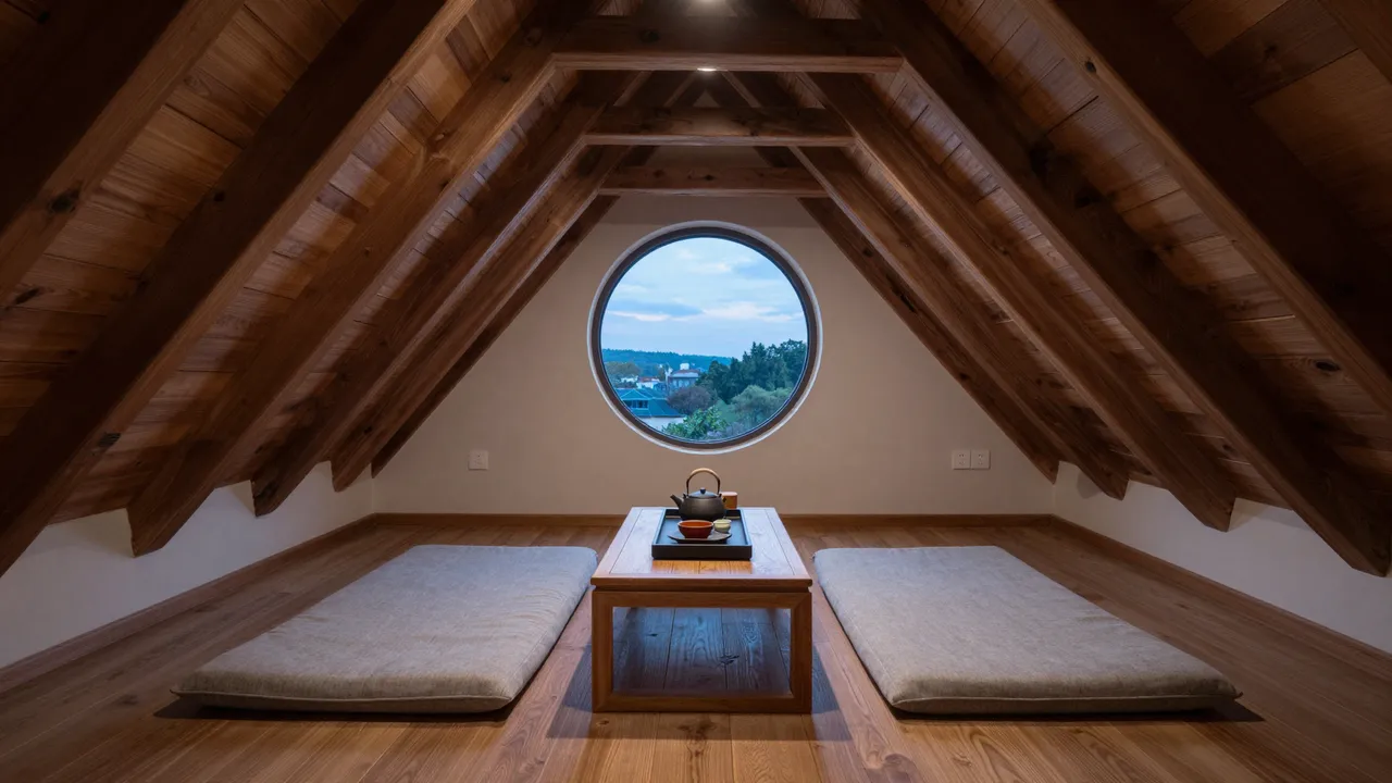 Cozy Japandi attic interior with dark timber beams, low tea table, floor cushions and round window at dusk
