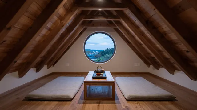 Cozy Japandi attic interior with dark timber beams, low tea table, floor cushions and round window at dusk