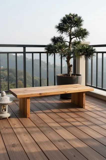 Teak balcony with wooden bench, stone lantern and potted pine overlooking hazy forest hills at dawn