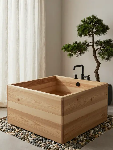 Square wooden soaking tub sits on river pebbles beside a linen curtain and potted bonsai pine