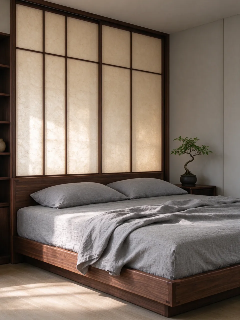 Sunlit japandi bedroom with low walnut bed, gray linen bedding, shoji panels and a potted bonsai