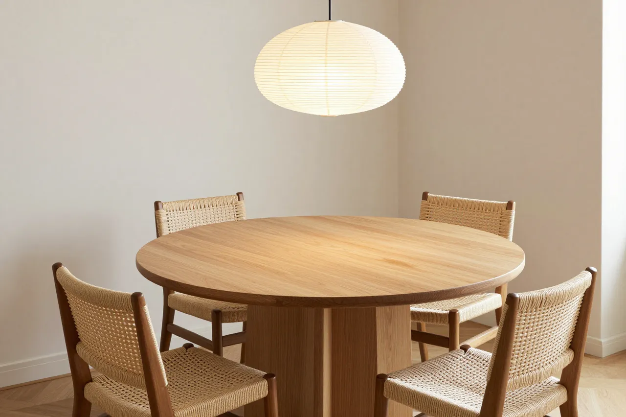 Round oak dining table with woven cane chairs and a paper pendant lamp in a bright minimal dining nook