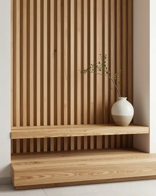 Minimalist japandi entryway corner with slatted oak wall, wooden shelf and ceramic vase holding a single branch