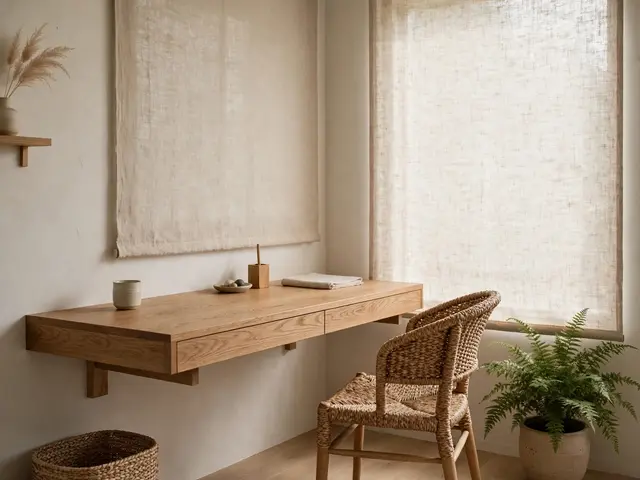 Minimal japandi home office with floating oak desk, woven chair, linen blinds and potted fern
