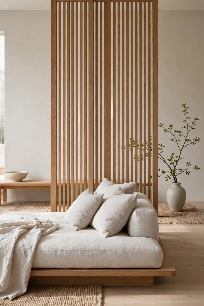 Minimalist japandi living room with low platform sofa, slatted oak partition, and soft natural light