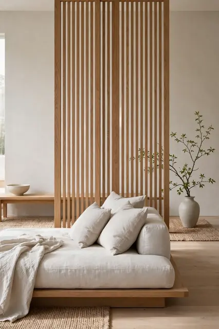 Minimalist japandi living room with low platform sofa, slatted oak partition, and soft natural light