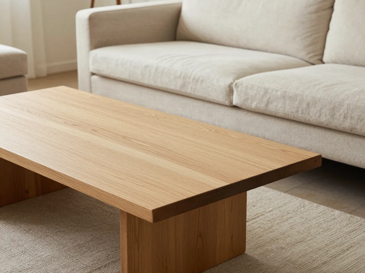 Light oak low coffee table sits in front of an off-white linen sofa in a calm neutral living room