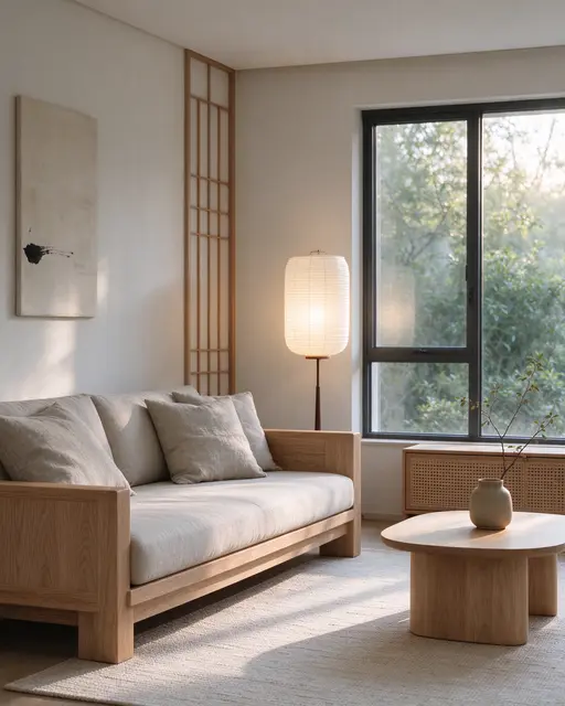 Sunlit japandi living room with oak sofa, paper floor lamp and large window overlooking green trees