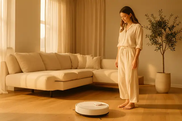 A barefoot woman in cream loungewear watches a robot vacuum in a sunlit warm living room.