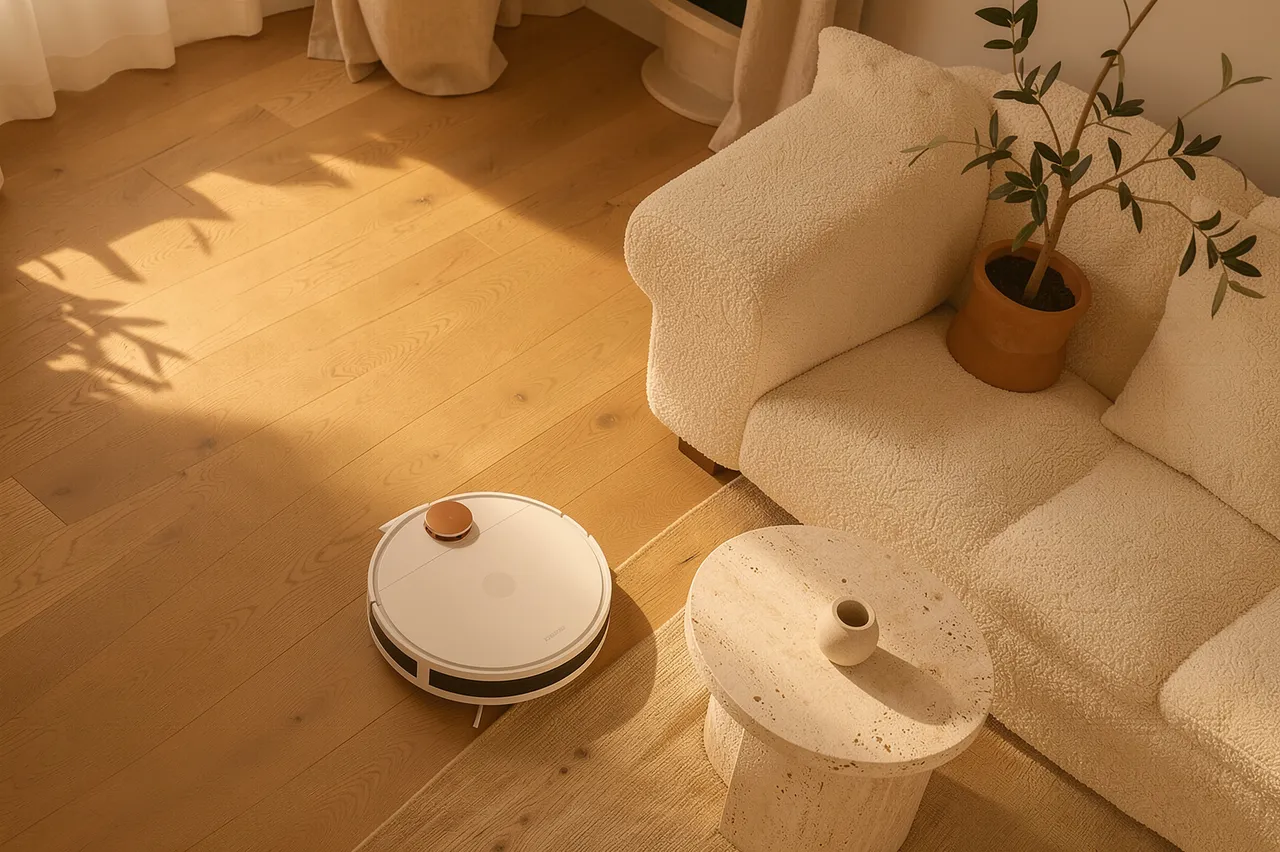 Robot vacuum glides on sunlit oak floor beside a cream boucle sofa in a warm Japandi living room