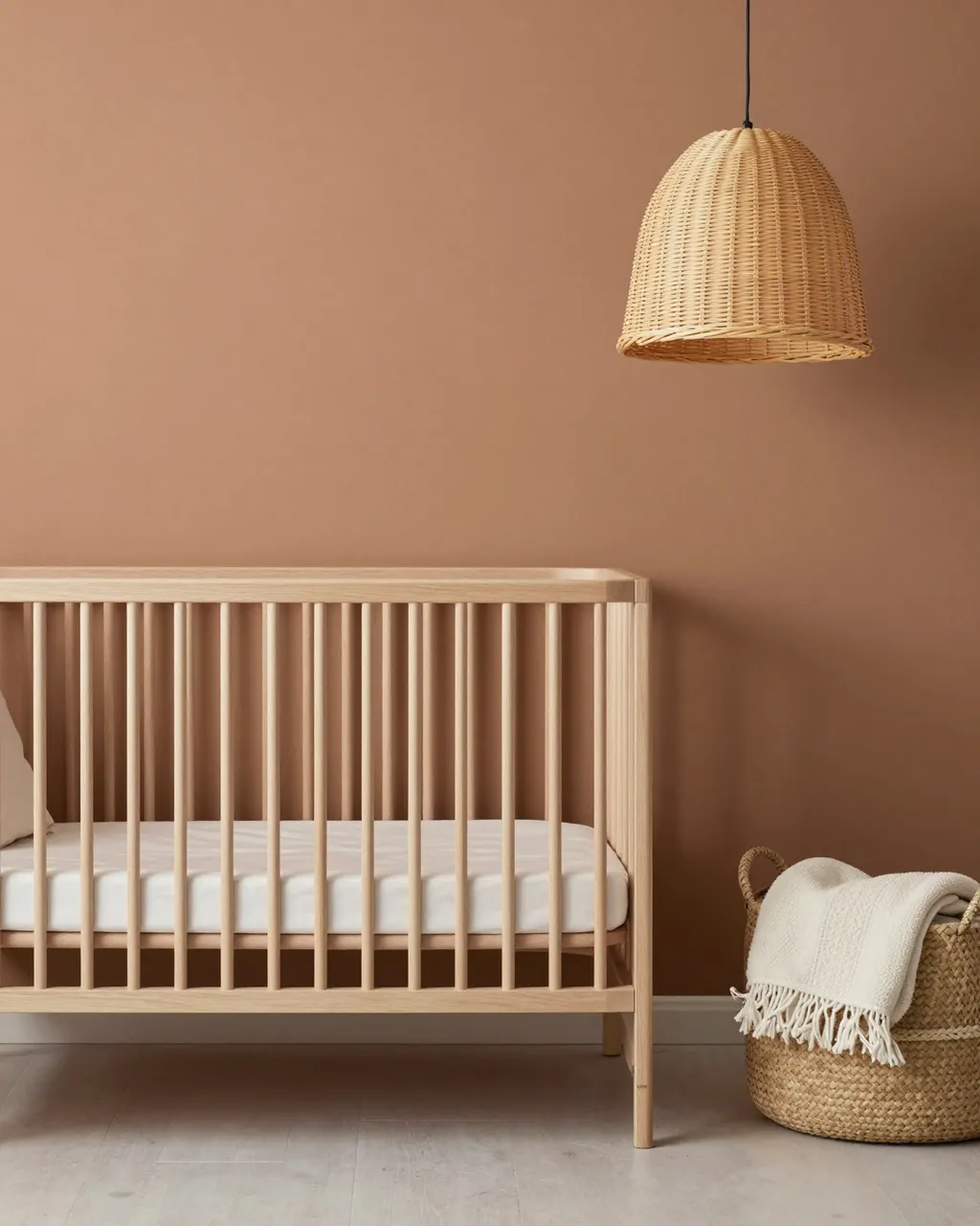 Minimalist warm Japandi nursery with wooden crib, rattan pendant and woven storage basket against a clay wall