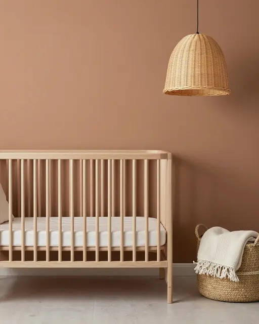 Minimalist warm Japandi nursery with wooden crib, rattan pendant and woven storage basket against a clay wall
