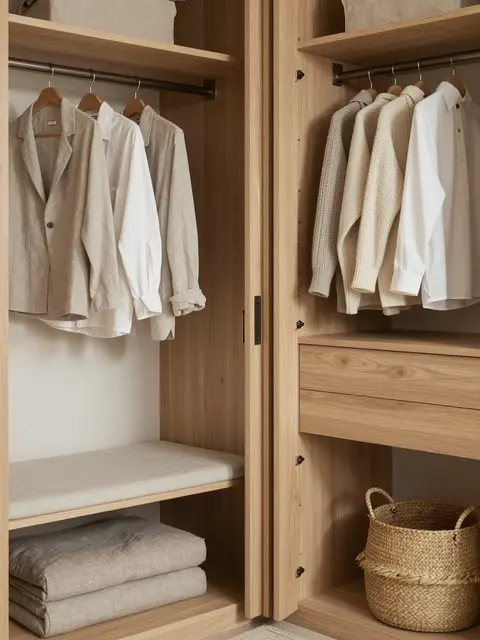 Open oak closet with neutral linen clothing, a padded bench, and a woven seagrass basket.