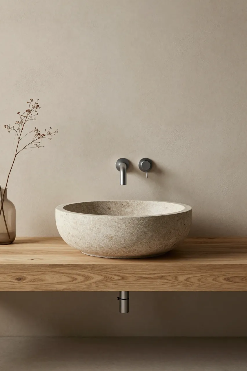 Round stone vessel basin sits on a floating oak shelf beside a dried stem against a clay plaster wall