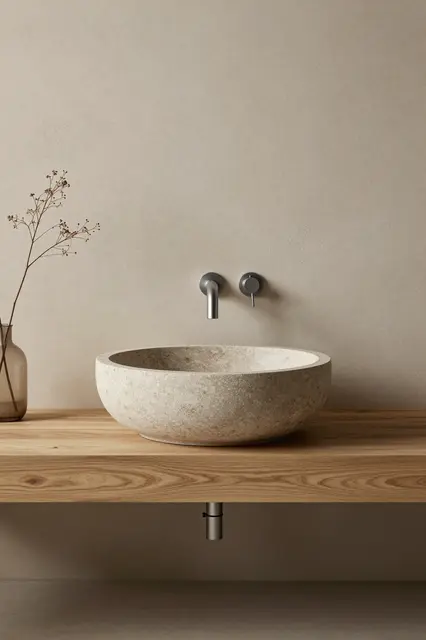 Round stone vessel basin sits on a floating oak shelf beside a dried stem against a clay plaster wall