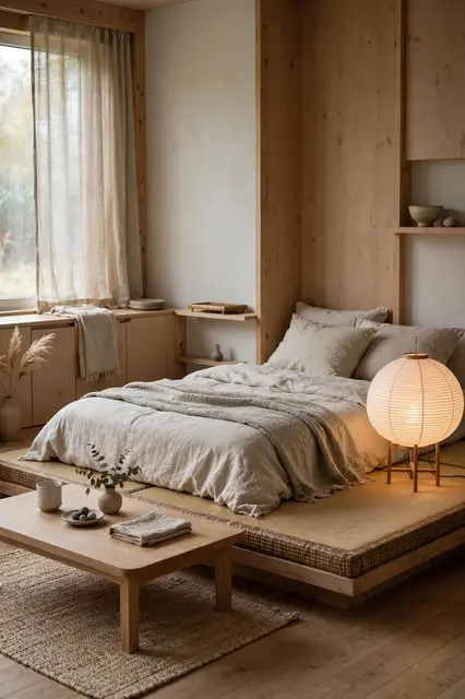 Cozy minimalist japandi studio with low platform bed, paper lamp and wooden low table under soft natural light