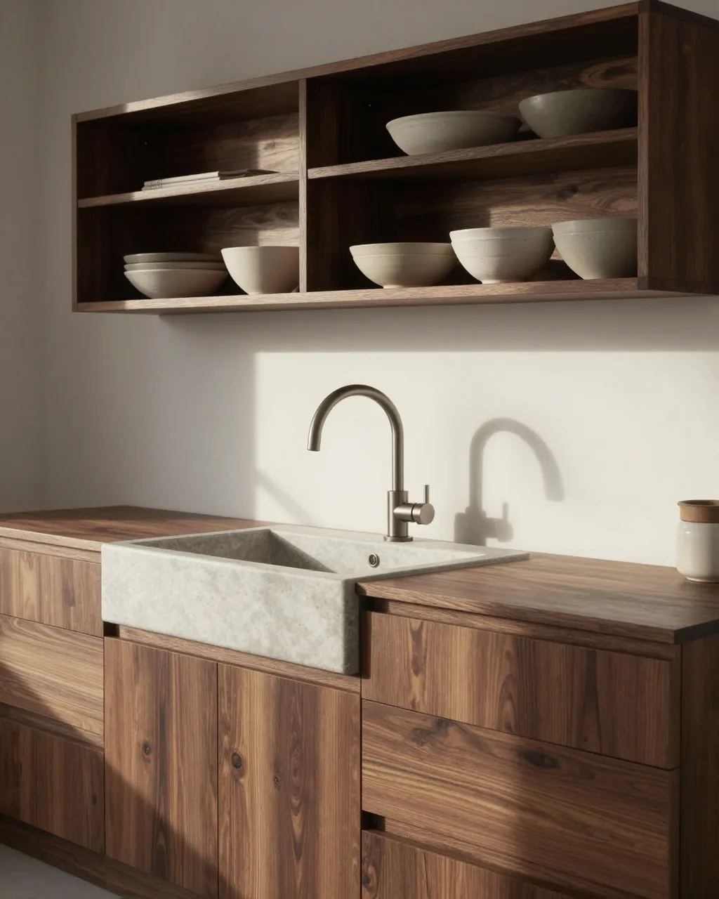 Late afternoon sunlight falls on dark walnut kitchen cabinetry, a stone sink, and shelves of handmade ceramic bowls.