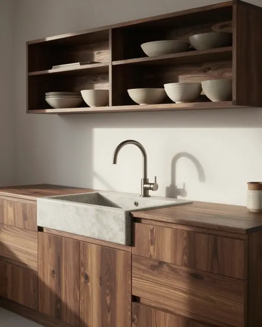 Late afternoon sunlight falls on dark walnut kitchen cabinetry, a stone sink, and shelves of handmade ceramic bowls.