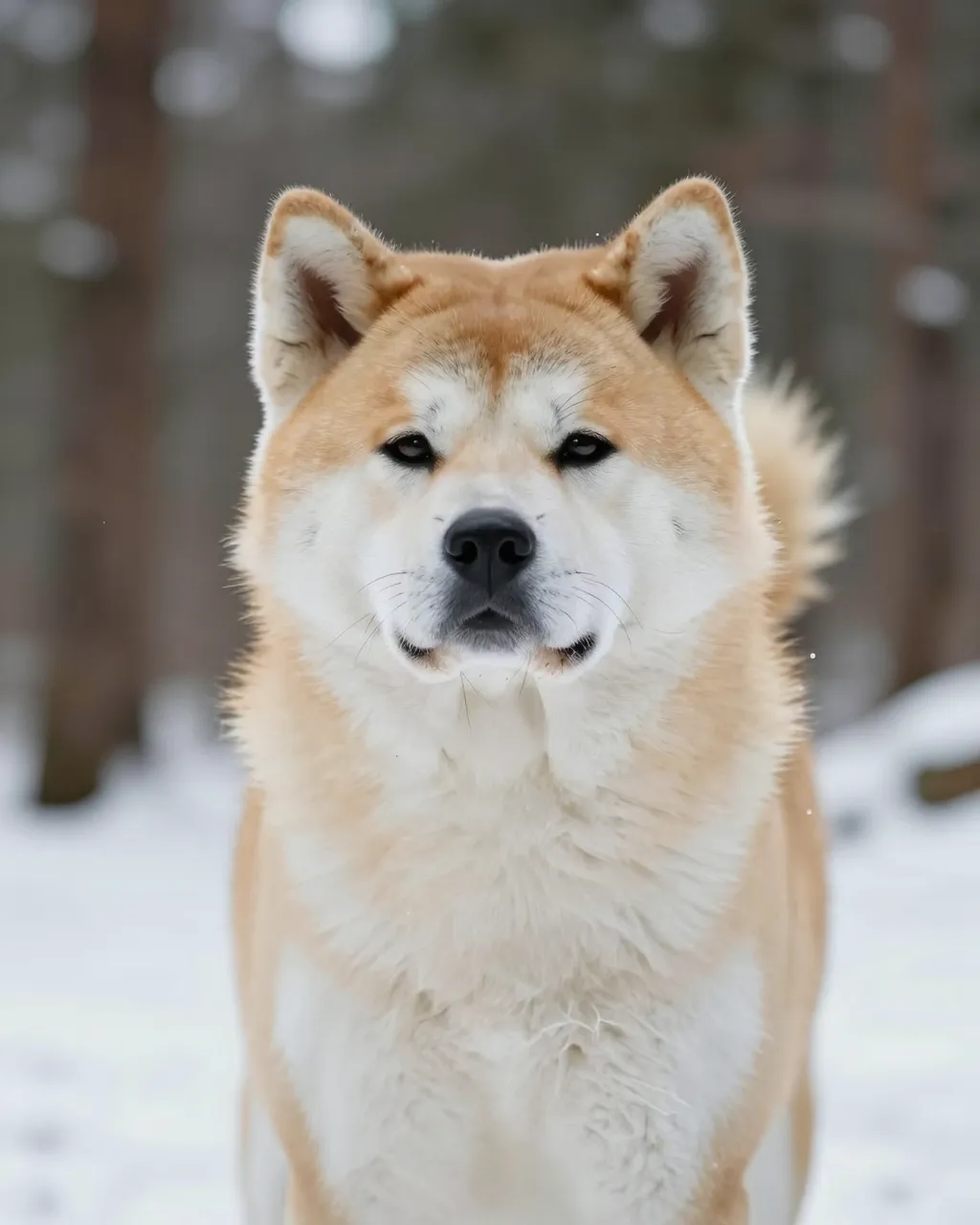 A fluffy Japanese akita dog stands facing the camera in a snowy forest clearing