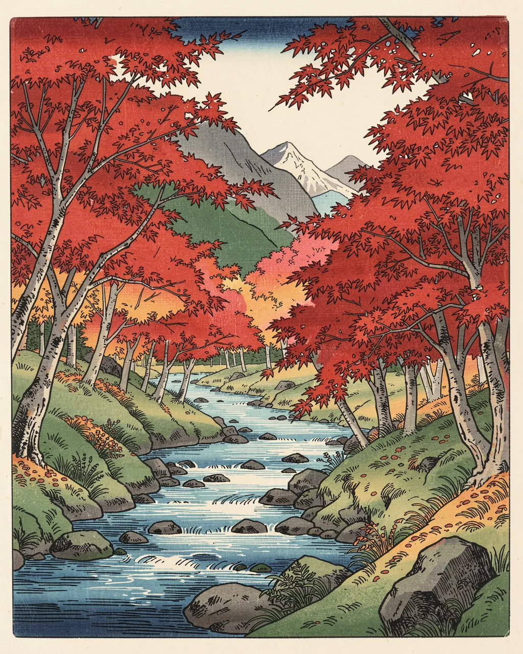 Traditional Japanese woodblock print of red maple trees lining a rocky mountain stream with distant snow-capped peaks