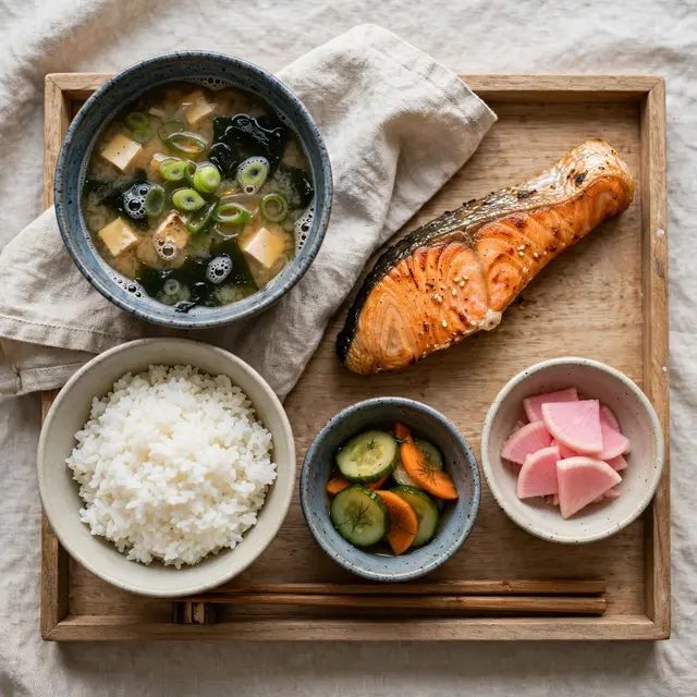 Overhead view of a wooden tray holding miso soup, grilled salmon, rice and pickled vegetables