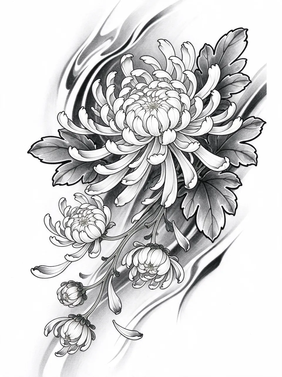 Monochrome tattoo drawing of white chrysanthemums with wind lines and loose fallen petals