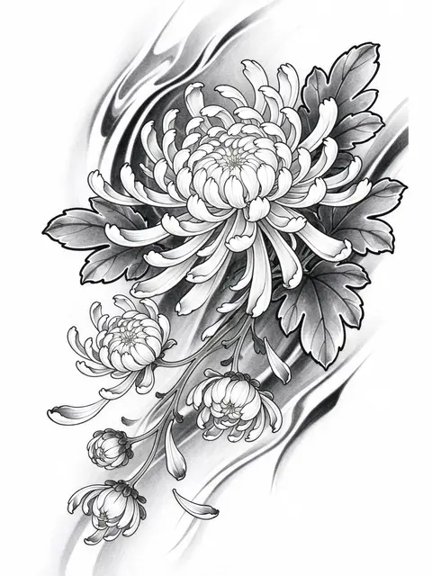 Monochrome tattoo drawing of white chrysanthemums with wind lines and loose fallen petals